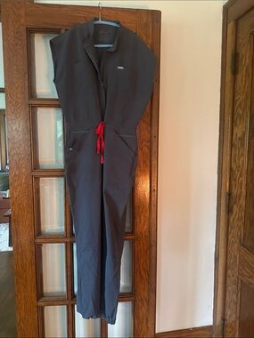 FIGS Women's Charcoal Jumpsuit with Red Drawstring